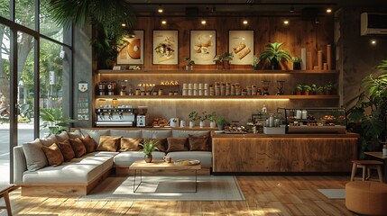 A stylish coffee shop with contemporary decor, featuring comfortable sofas, soft lighting, and a display case of coffee and pastries