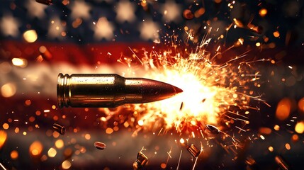 A bullet flies through the air, leaving behind flames and sparks, with an American flag in the background. Symbolizing power, conflict, and military strength, ideal for political.