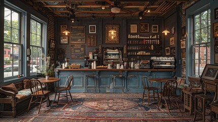 A charming coffee shop with soft lighting, comfortable armchairs, and walls adorned with local art, plus a counter filled with coffee and fresh pastries