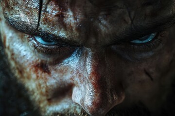 Close-up of a battle-worn warrior with intense blue eyes and scars.