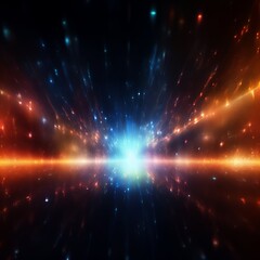 Vibrant energy and light burst through a cosmic space filled with colorful stars and distant galaxies