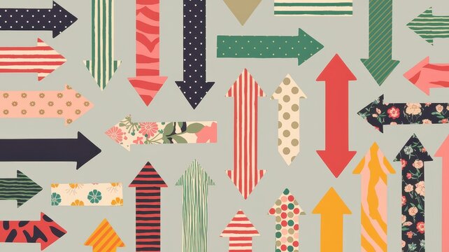 A vibrant assortment of arrows in various styles and colors on a soft green background, creating a dynamic and playful visual pattern. - Powered by Adobe