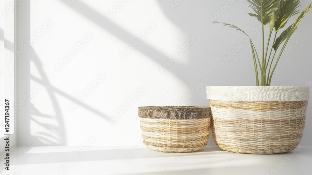 Poster A single set of decorative baskets isolated on a clean white surface, perfect for home organization marketing.