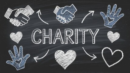 A creative illustration featuring the word 'CHARITY' surrounded by hand-drawn pieces symbolizing kindness and community support.