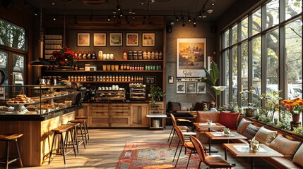 A relaxed coffee shop with soft lighting, eclectic furnishings, and walls adorned with artistic prints, featuring a counter with an assortment of coffee and baked goods