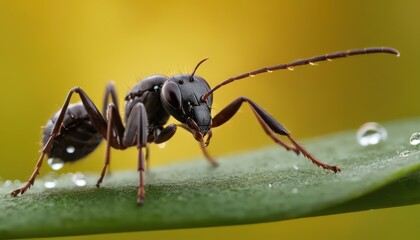 Fototapeta premium A high-resolution macro photograph of a black ant exploring a dewdrop-covered leaf. The golden bokeh background enhances the scene, highlighting the beauty of this tiny creature.