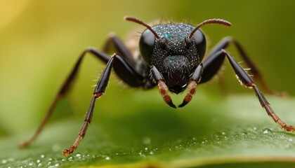 A high-resolution macro photograph of a black ant exploring a dewdrop-covered leaf. The golden bokeh background enhances the scene, highlighting the beauty of this tiny creature.