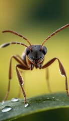 Fototapeta premium Close-up of a black ant interacting with a tiny water droplet on a vibrant green leaf. The natural lighting and shallow depth of field emphasize the insect’s delicate structure.