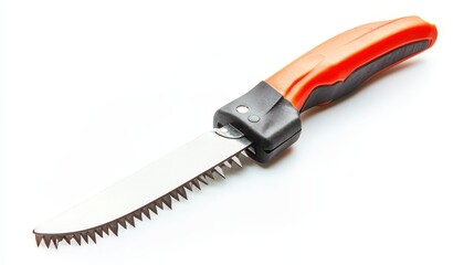Close-up of a pruning saw isolated on a white background, ideal for gardening accessory marketing.