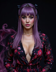 Young woman, dramatic mood, posing confidently, dark background