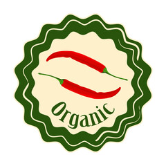 Organic Chili Pepper packaging tag. Classic vegetable label tag or sticker with red hot fresh chili pepper. Fresh natural product badge.