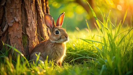 Fototapeta premium Sunny Day Rabbit by Tree Trunk - Architectural Photography