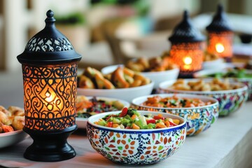 Colorful moroccan cuisine and intricate lanterns create a warm and inviting ambiance