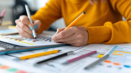Businessman analyzing financial data and growth graph for strategic planning on blue background
