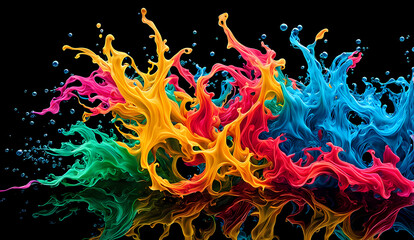 Kontrastreiches k&uuml;nstlerisch dargestelltes Farbspektrum aus bunten leuchtenden dreidimensionalen fl&uuml;ssigen Farben in einem Raum mit dunklem Hintergrund