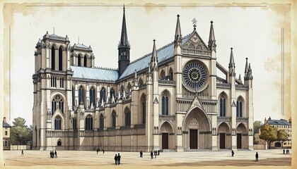 Naklejka premium Artistic blueprint rendering of a Gothic cathedral with intricate features