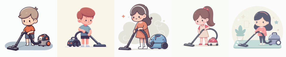 vector set of a little boy cleaning with a vacuum cleaner