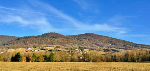 Early spring landscape of the Low Beskid mountains, near Wysowa Zdroj, Lesser Poland. Recreation,hiking, bicycle trips, abandoned villages of Lemkos, wooden orthodox churches.