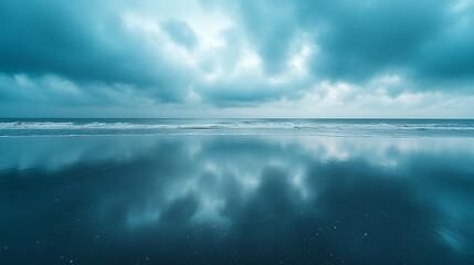 A serene beach at low tide with calm shallows reflecting the sky, a peaceful scene of emptiness and tranquility, with blurred background and open space for a blank caption.

