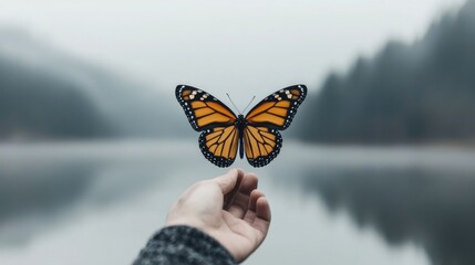 Obraz premium Monarch butterfly on hand, misty lake background, nature peace