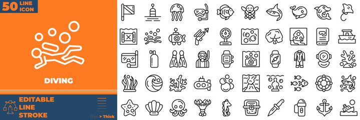 Diving Line Editable Icons set. Vector illustration in modern thin line style of diving icons: scuba, snorkeling, wetsuit, etc