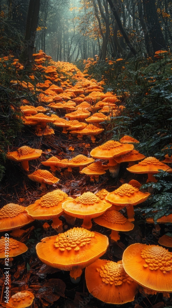 Poster a vivid display of orange mushrooms covers the forest floor, bringing life to the lush greenery surr