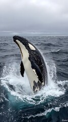 Obraz premium Magnificent whale breaching the ocean surface as a storm brews on the horizon