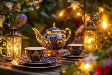 Fototapeta premium Elegant blue and gold tea set in enchanted garden with lanterns at dusk