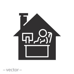 man works on the computer in house, office home icon, freelance in quarantine time, flat vector illustration