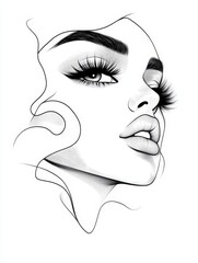 Elegant Black and White Beauty Illustration - This captivating illustration features a graceful depiction of a woman's face with detailed eyelashes and striking features.
