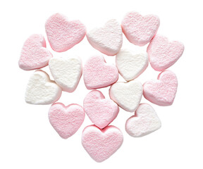 Obraz premium Soft pink and white heart-shaped marshmallows arranged in a lovely pattern, isolated on transparent cutout background