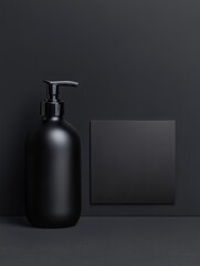 Obraz premium Elegant Black Bottle and Square on Dark Background - A stylish black bottle with a pump next to a black square shape, set against a dark backdrop for a modern aesthetic.