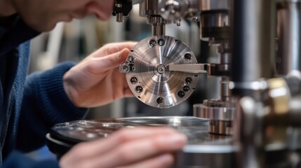 Engineer carefully adjusts a complex piece of scientific equipment, focusing on precision and accuracy. The setting highlights the intricacies of modern engineering and technology
