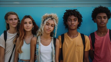 A group of students posing in front of a colorful wall.