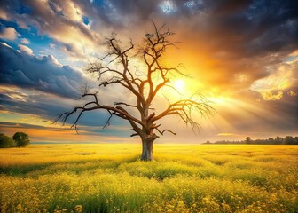 Fototapeta premium Surreal Dead Tree Yellow Meadow AI Art, Fantasy Landscape, Beautiful Nature Photography