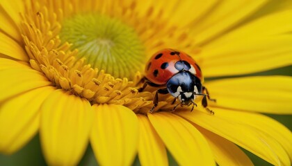 Fototapeta premium Macro image capturing the beauty of a ladybug on a sunflower-like bloom. The detailed textures of the insect’s glossy shell and the flowers delicate stamens