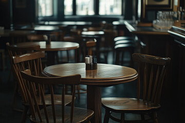 Empty wooden chairs and tables arranged neatly in a dimly lit pub with polished surfaces and minimal lighting. Soft shadows creating a cozy and intimate atmosphere