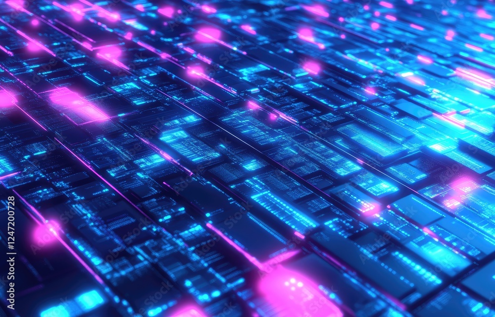 Poster dynamic futuristic circuit board illuminated with vibrant blue and pink lights, showcasing high-tech