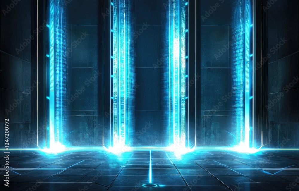 Poster futuristic server room with glowing vertical blue energy streams, showcasing advanced digital techno