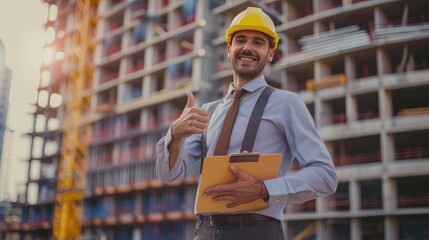 a contractor in a white hardhat stands with his back against the background of a building under construction with space for text