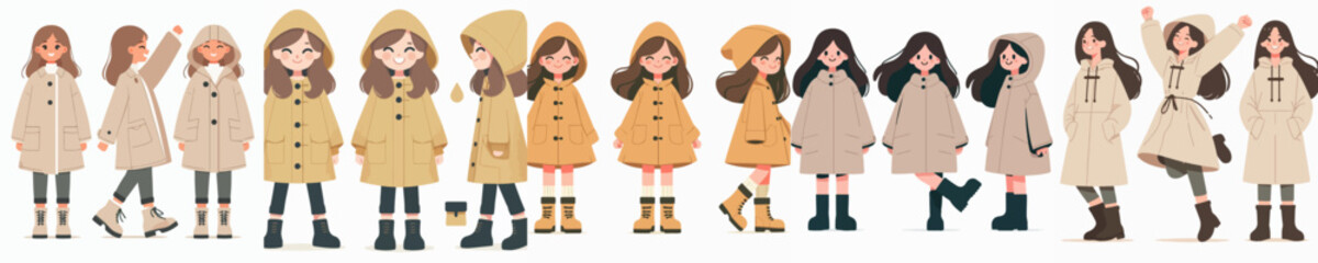 vector set of a person wearing a raincoat and happy in the rain