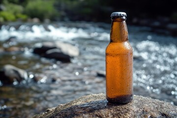 A cold beer bottle glistens with water droplets while standing on a smooth rock next to a gently flowing river, surrounded by vibrant greenery and soft natural light