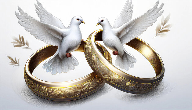Generated image. Two white doves perch gracefully on a pair of intertwined golden rings, symbolizing love and unity. The delicate presence of the doves create an  an atmosphere of romance and elegance