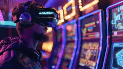 A woman is immersed in a digital world, wearing a VR headset, standing in a futuristic city environment