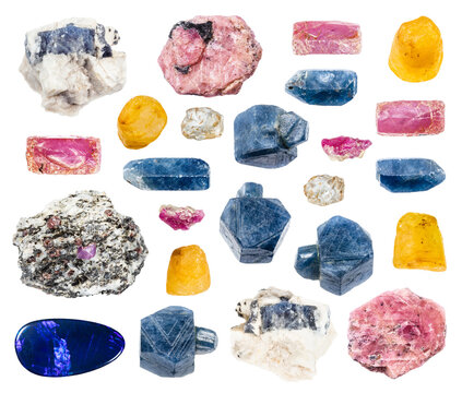 various samples of raw corundum minerals isolated