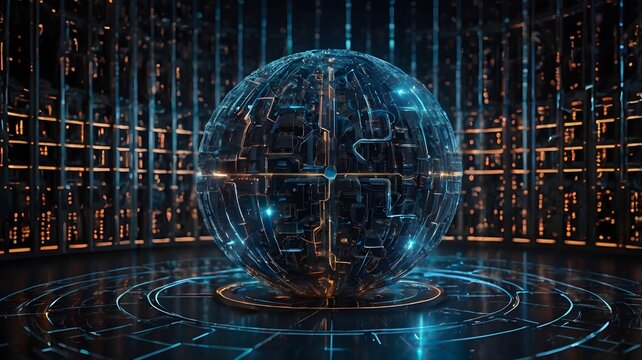 A self-learning AI supercomputer visualized as a glowing data sphere.