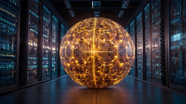 A self-learning AI supercomputer visualized as a glowing data sphere.