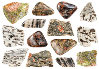 various samples of raw granite minerals isolated