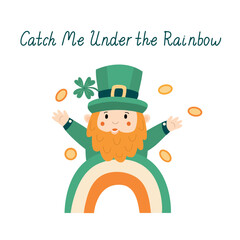 Cute hand-drawn St. Patrick’s Day illustration with a cheerful leprechaun, rainbow, gold coins, and festive lettering. Perfect for greeting cards, posters, and decorations