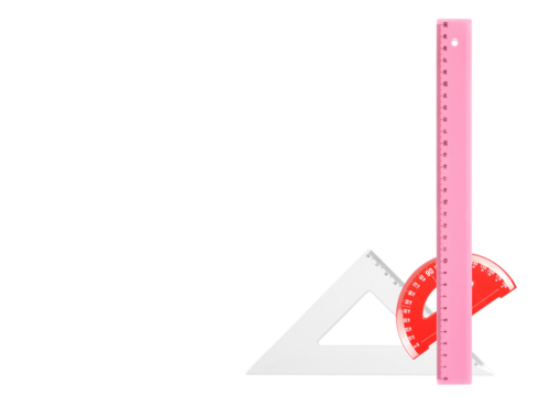 Colorful plastic triangle, ruler and semicircle, isolated on white background, top view